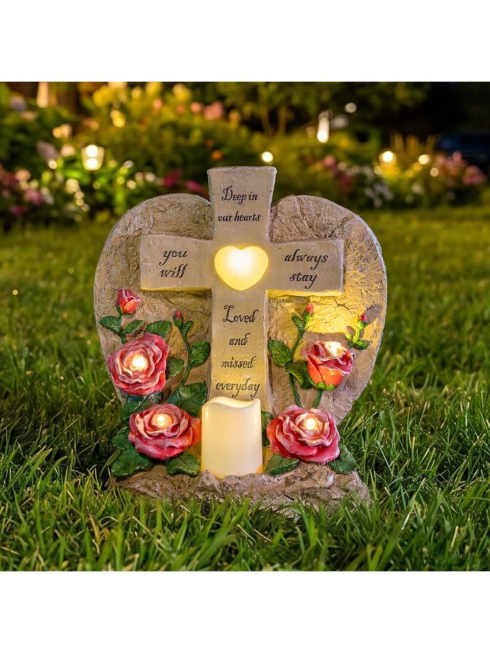 Lighted Solar Memorial Cross Grave Marker - LED Roses & Candle Lights for